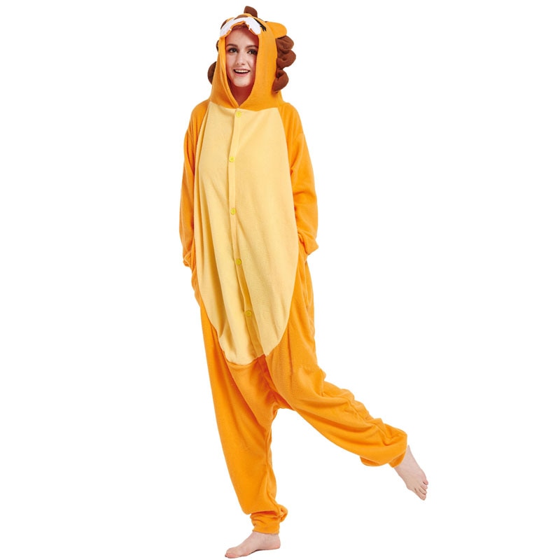 Lion Kigurumis Unisex Adult Onesie Animal Pajama Jumpsuit Orange Funny Overalls Couple Festival Party Suit Polar Fleece