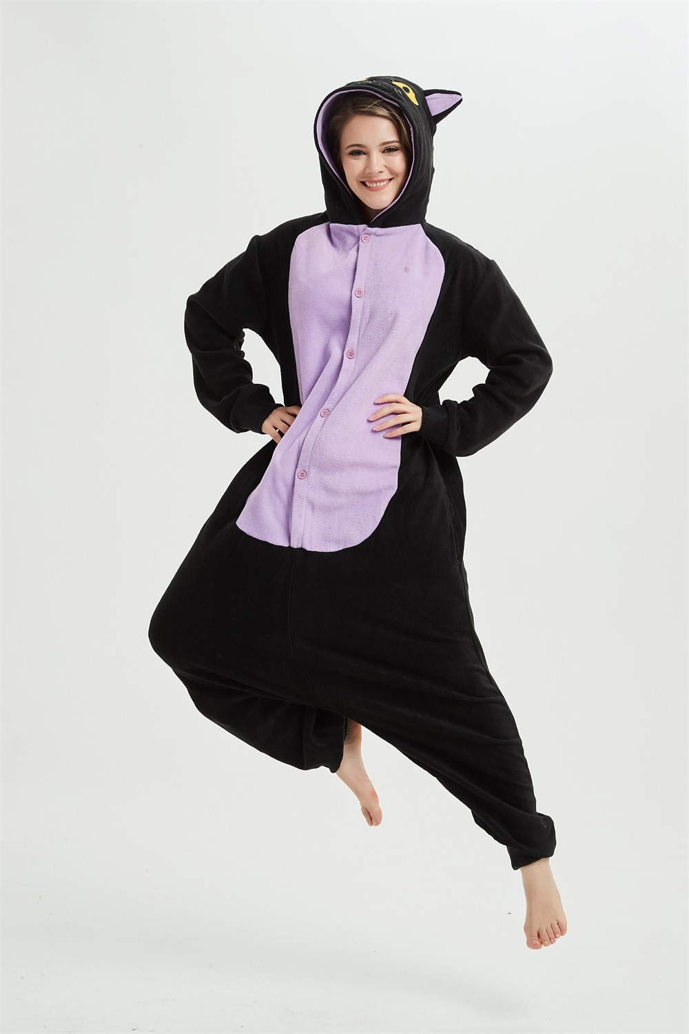 Animal Black Cat Onesie Belly Kigurumis Adult Women Fantasy One Piece Jumpsuit Polar Fleece Loose Cute Pajama Winter Sleep Suit