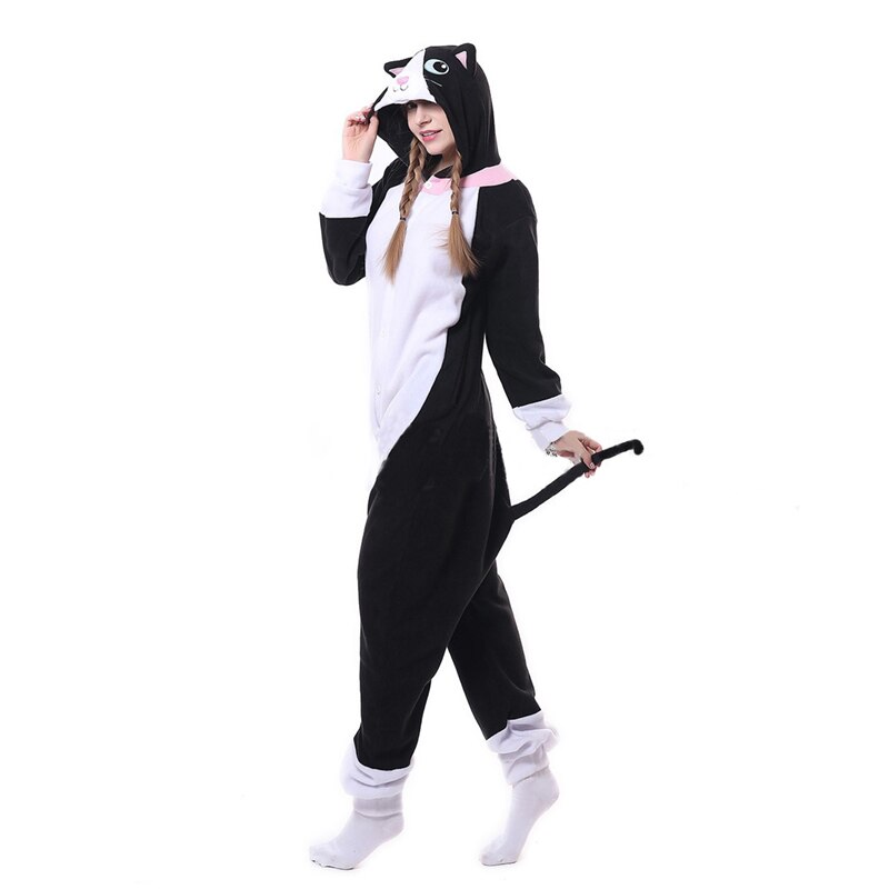 Animal Black Cat Kigurumis Onesie Men Women DJ Kitty Matching Pajama Overall Adult Sleepwear Cartoon Carnival Jumpsuit Fantasias