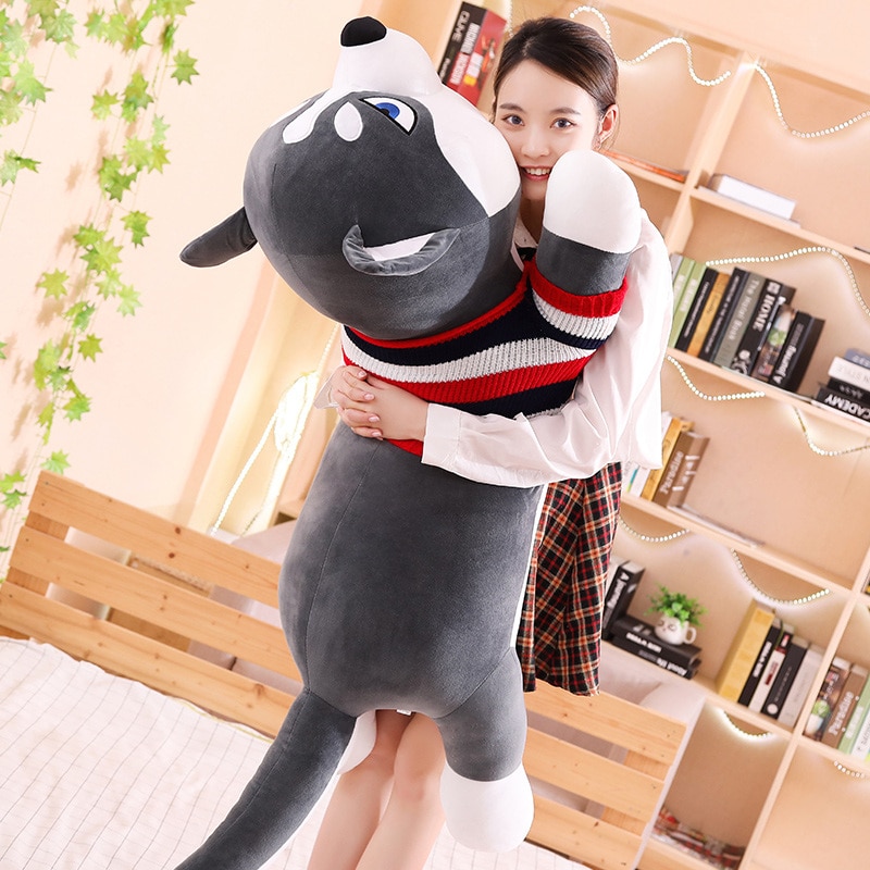 80/100cm Funny Dressed Husky Pillow Stuffed Doll Stripe Sweater Soft Husky Lying Plush Toy Cute Dog Animals Kids Birthday Gift