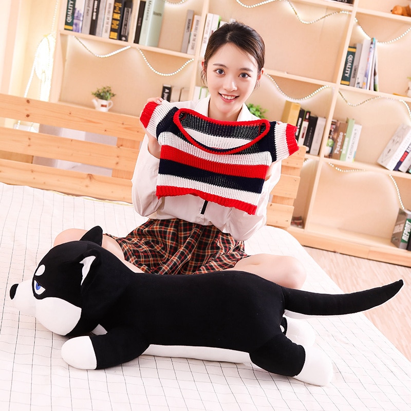 80/100cm Funny Dressed Husky Pillow Stuffed Doll Stripe Sweater Soft Husky Lying Plush Toy Cute Dog Animals Kids Birthday Gift