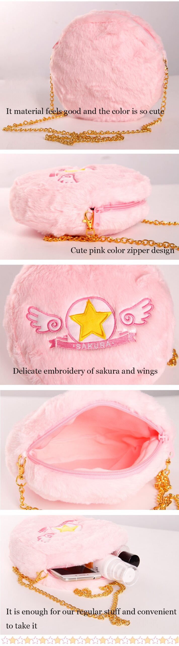 Japanese Card Captor Sakura Wings Handbag Sakura Plush Cosplay Chain Handbag Satchel Gilrs Lolita Pink Shoulder Messenger Bag