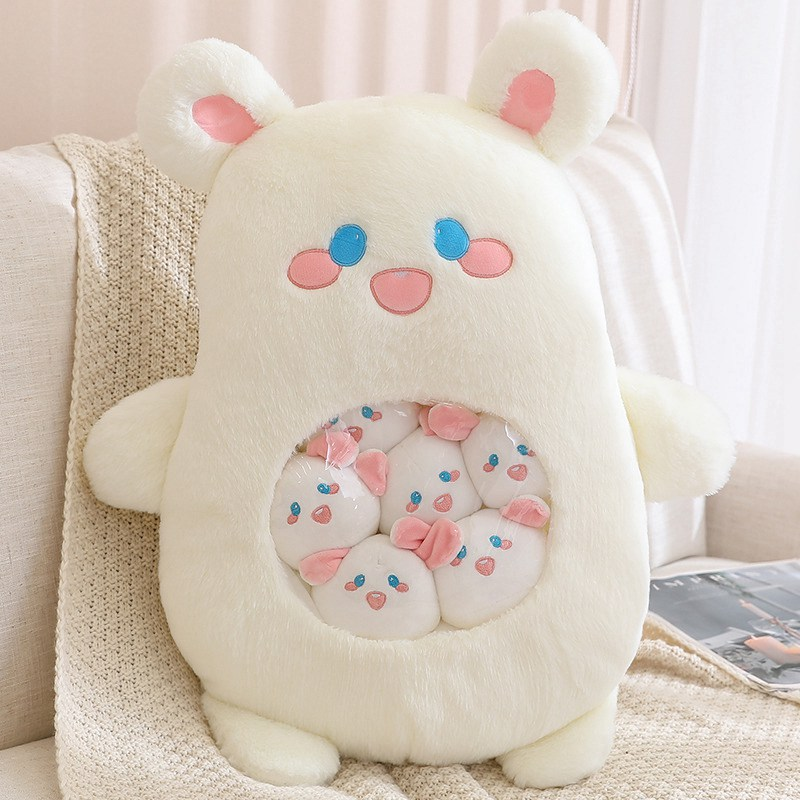 Rabbit With Mini Puff Balls Soft Stuffed Plush Bag