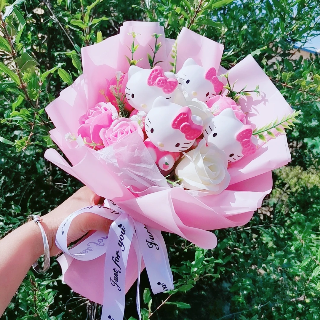 Hello Kitty Cartoon Plush Bouquet Anime Sanrio Rose Soap Flowers Doll Home Wedding Decoration Christmas Valentine's Day Gift