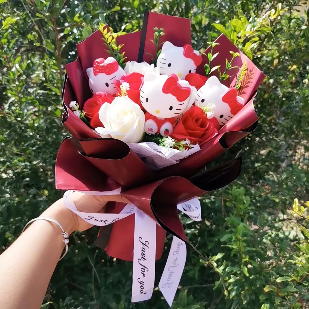 Hello Kitty Cartoon Plush Bouquet Anime Sanrio Rose Soap Flowers Doll Home Wedding Decoration Christmas Valentine's Day Gift