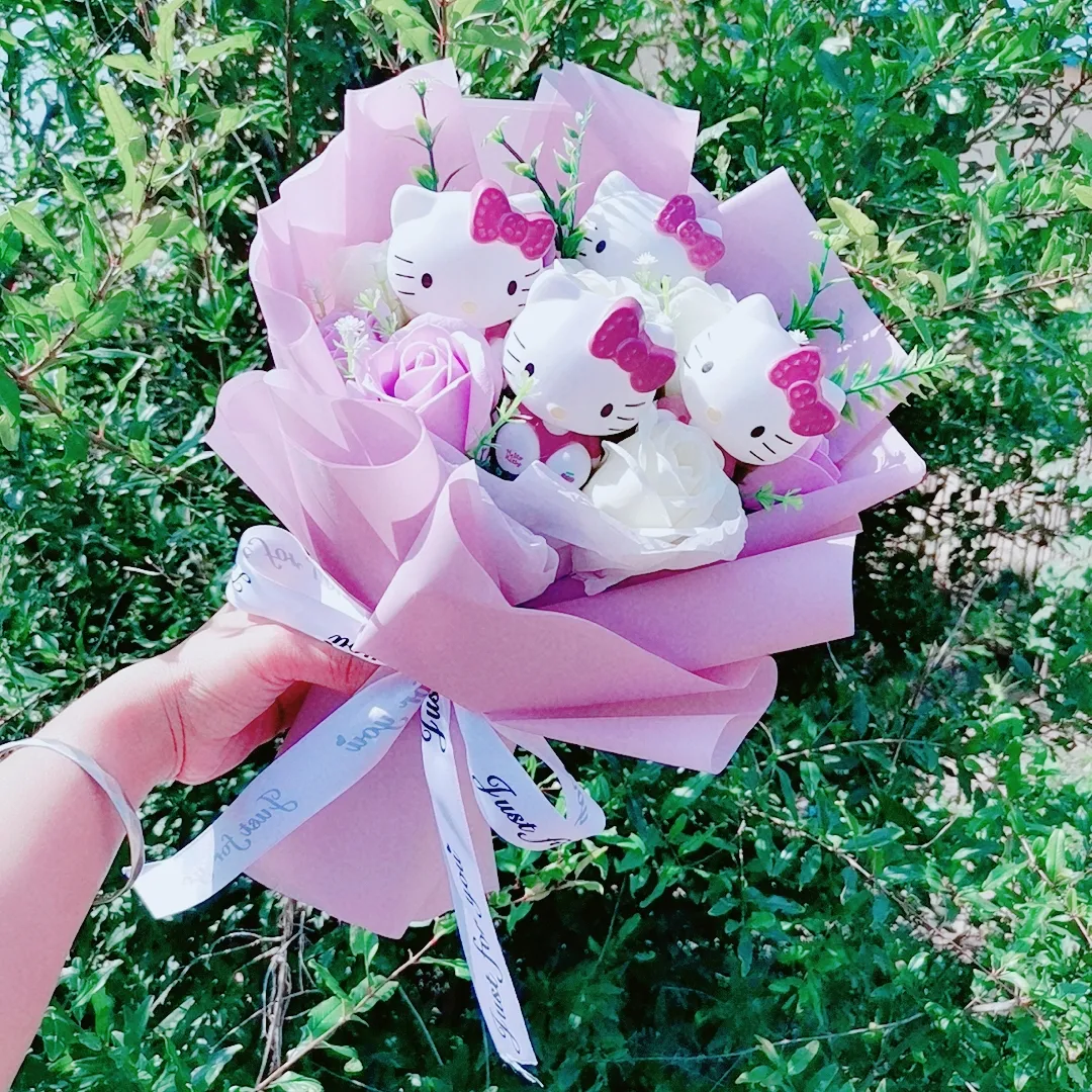 Kawaii Cartoon Hello Kitty With Flower Soft Plush Bouquet