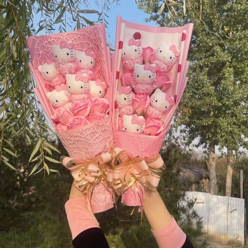 Cartoon Rose Flower Hello Kitty Soft Stuffed Plush Bouquet