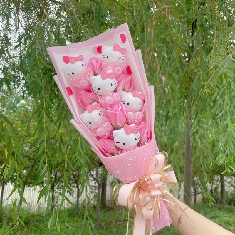 Cartoon Rose Flower Hello Kitty Soft Stuffed Plush Bouquet