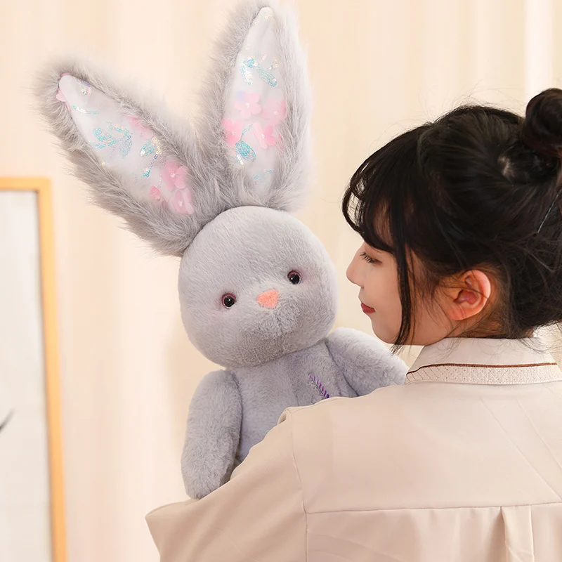 60cm Big-eared Rabbit Plush Toy Doll White Pink Grey Long-eared Rabbit Plush Doll With Embroidered Flowers Decorate Your Home