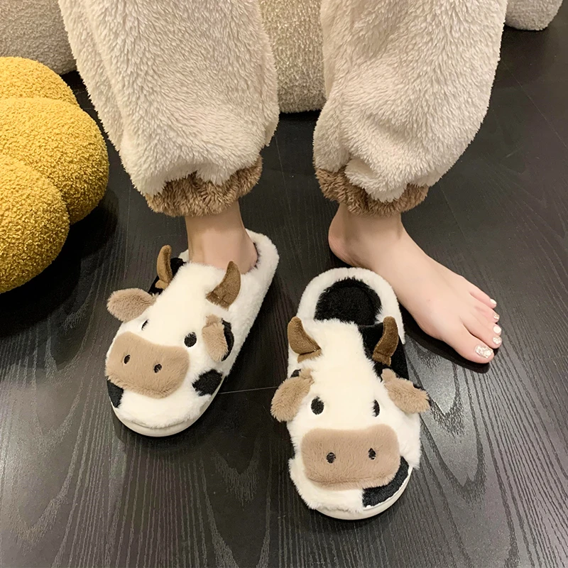 Kawaii Cartoon Milk Cow Warm Soft Plush Slippers