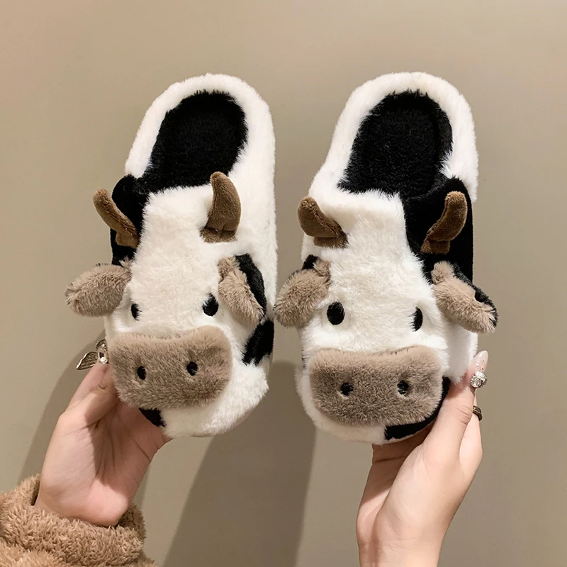 Kawaii Cartoon Milk Cow Warm Soft Plush Slippers
