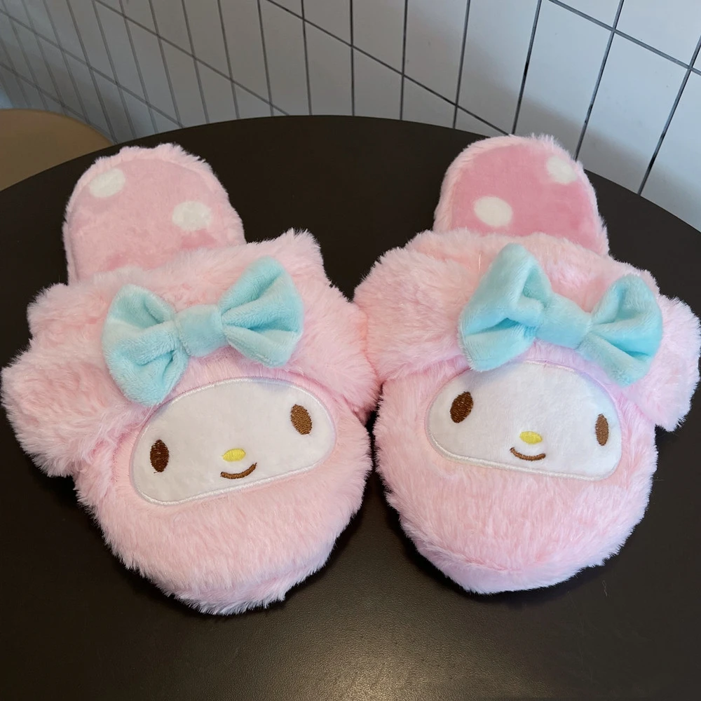 Kuromi My Melody Sanrio Cartoon Plush Slippers Floor Slippers Warm Winter Indoor Slippers Flat Casual Non-slip Girl Home Shoes