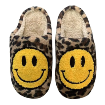 Kawaii Winter Warm Smiley On Leopard Pattern Soft Plush Shoes