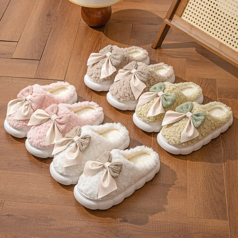  Bow Soft Plush Slippers For Women 