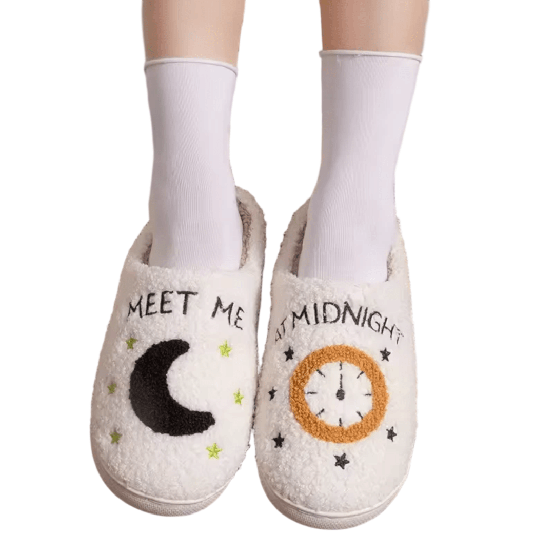 Moon And Clock Winter Soft Plush Slippers Moon And Clock Winter Soft Plush Slippers