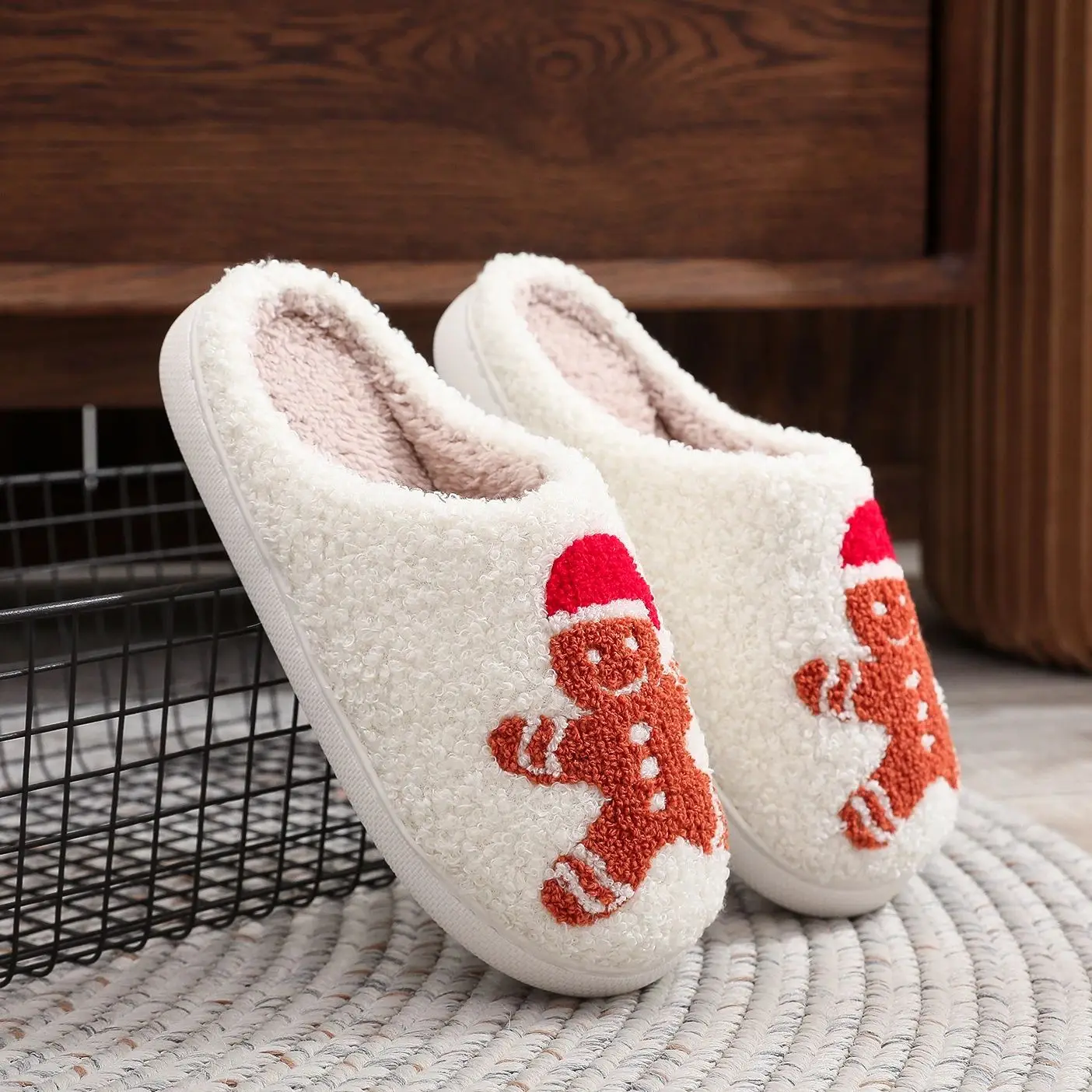 Christmas Gingerbread Man Winter Warm Plush Slippers