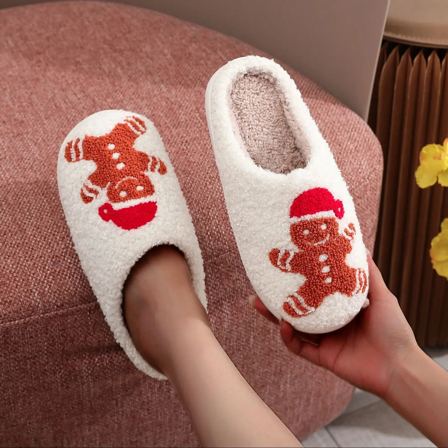 Christmas Gingerbread Man Winter Warm Plush Slippers
