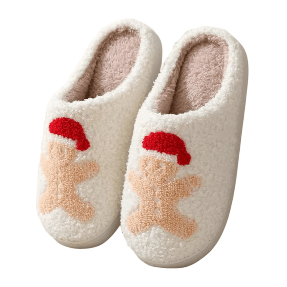 Cartoon Christmas Gingerbread Man Winter Plush Slippers