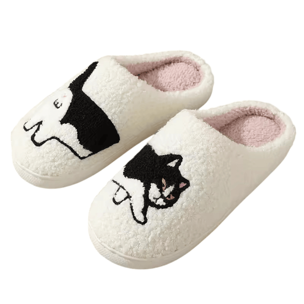 Black and White Patched Cat Plush Slippers