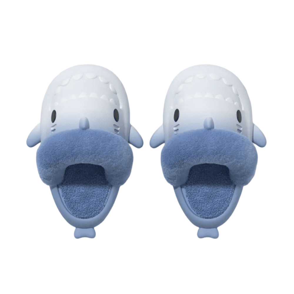 Soft Gray With Blue Shark Plush Indoor Slippers Soft Gray With Blue Shark Plush Indoor Slippers
