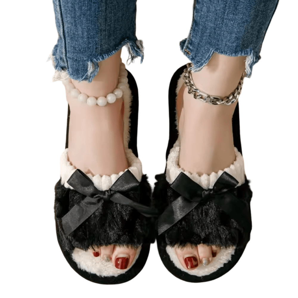 Black Bow Plush Slippers