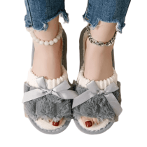 Gray Bow Plush Slippers