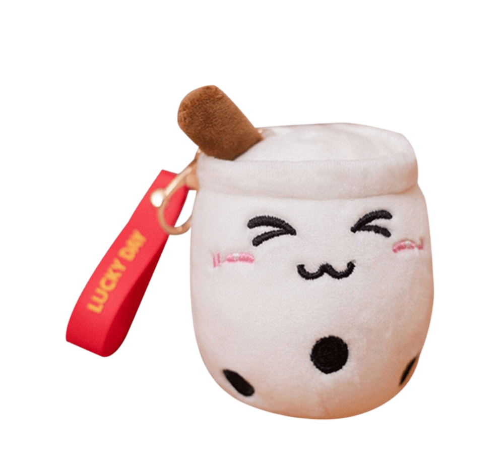 Soft Closed Eye White Boba Tea Plush Keychain