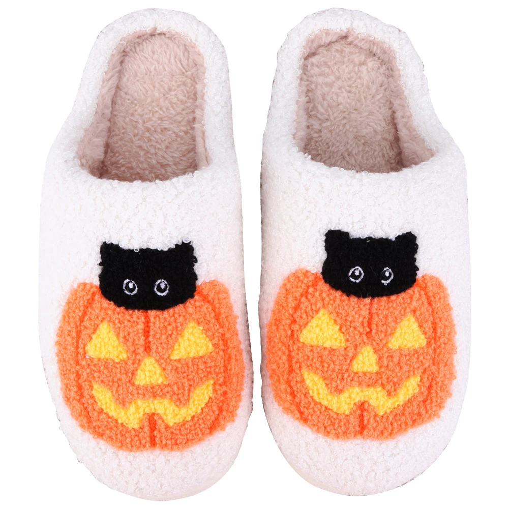 Pumpkin Cat Halloween Soft Plush Slippers Pumpkin Cat Halloween Soft Plush Slippers