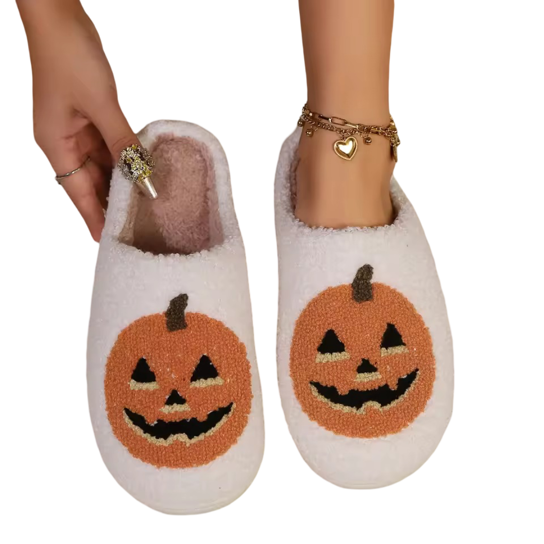 Halloween Pumpkin Plush White Soft Slippers Halloween Pumpkin Plush White Soft Slippers