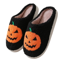 Pumpkin Halloween Soft Plush Black Slippers