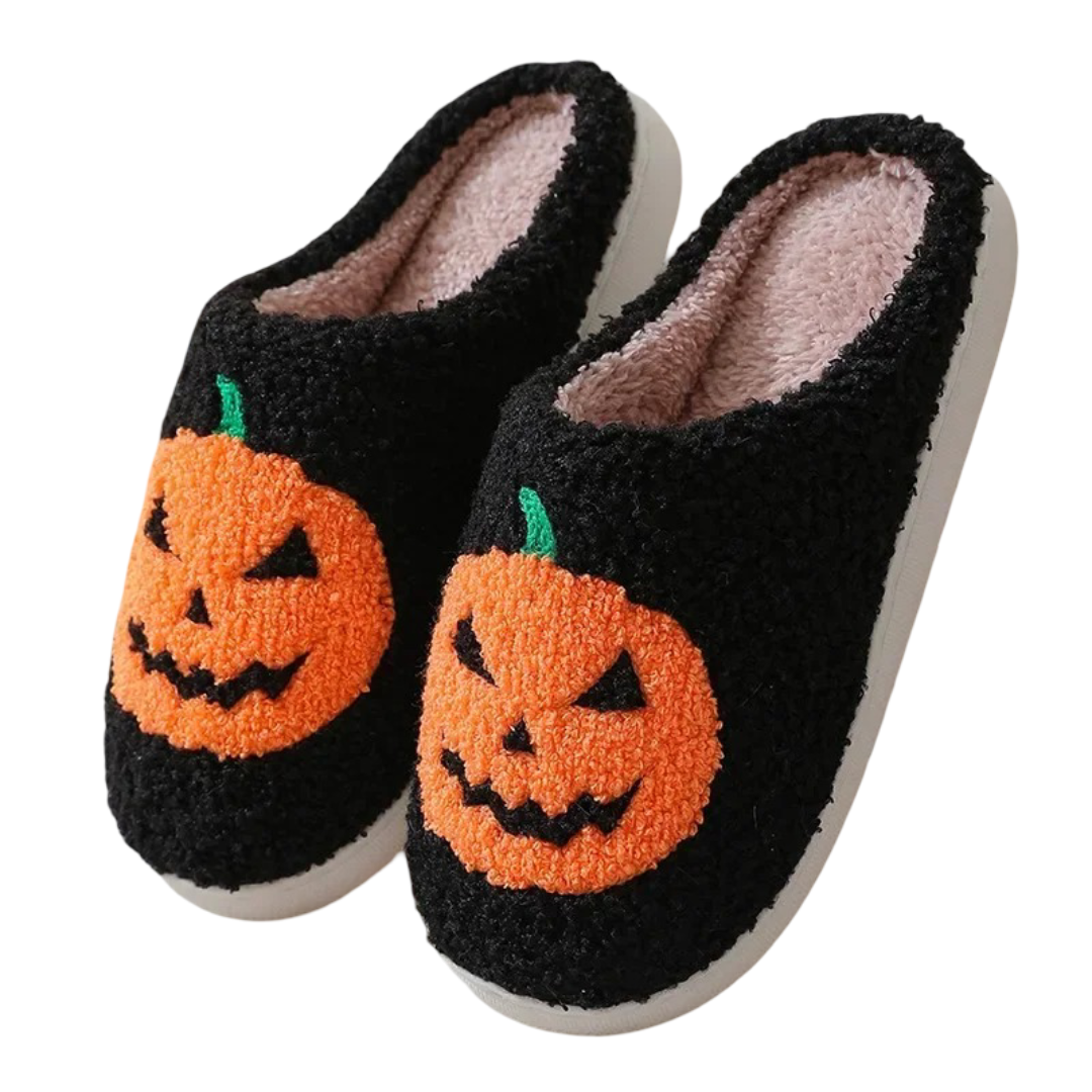 Pumpkin Halloween Soft Plush Black Slippers