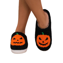 Halloween Pumpkin Soft Plush Black Slippers