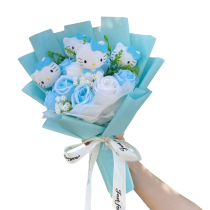 Cartoon Hello Kitty With Blue Rose Plush Bouquet