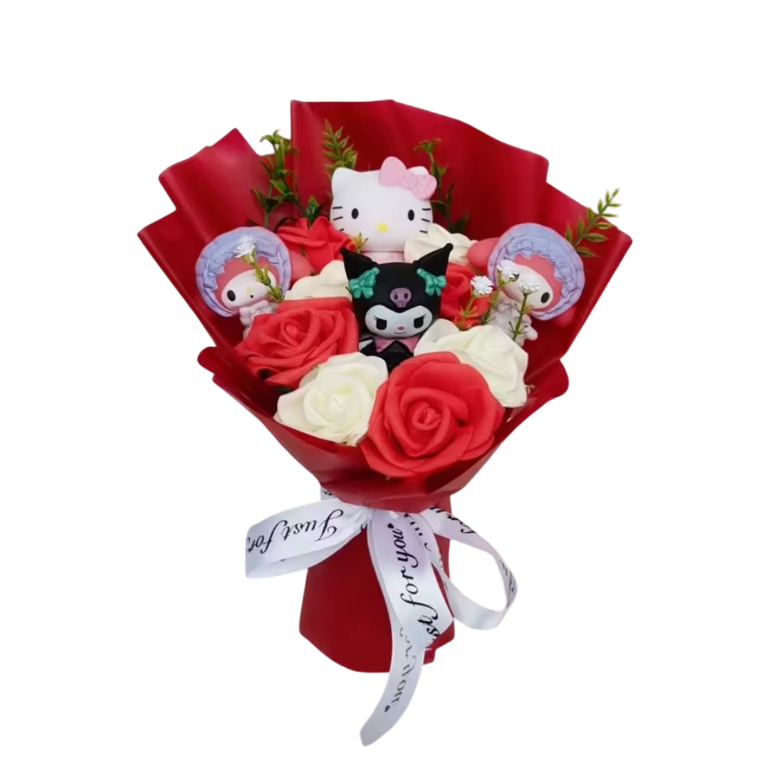 Anime Sanrio Character With Rose Plush Bouquet Anime Sanrio Character With Rose Plush Bouquet